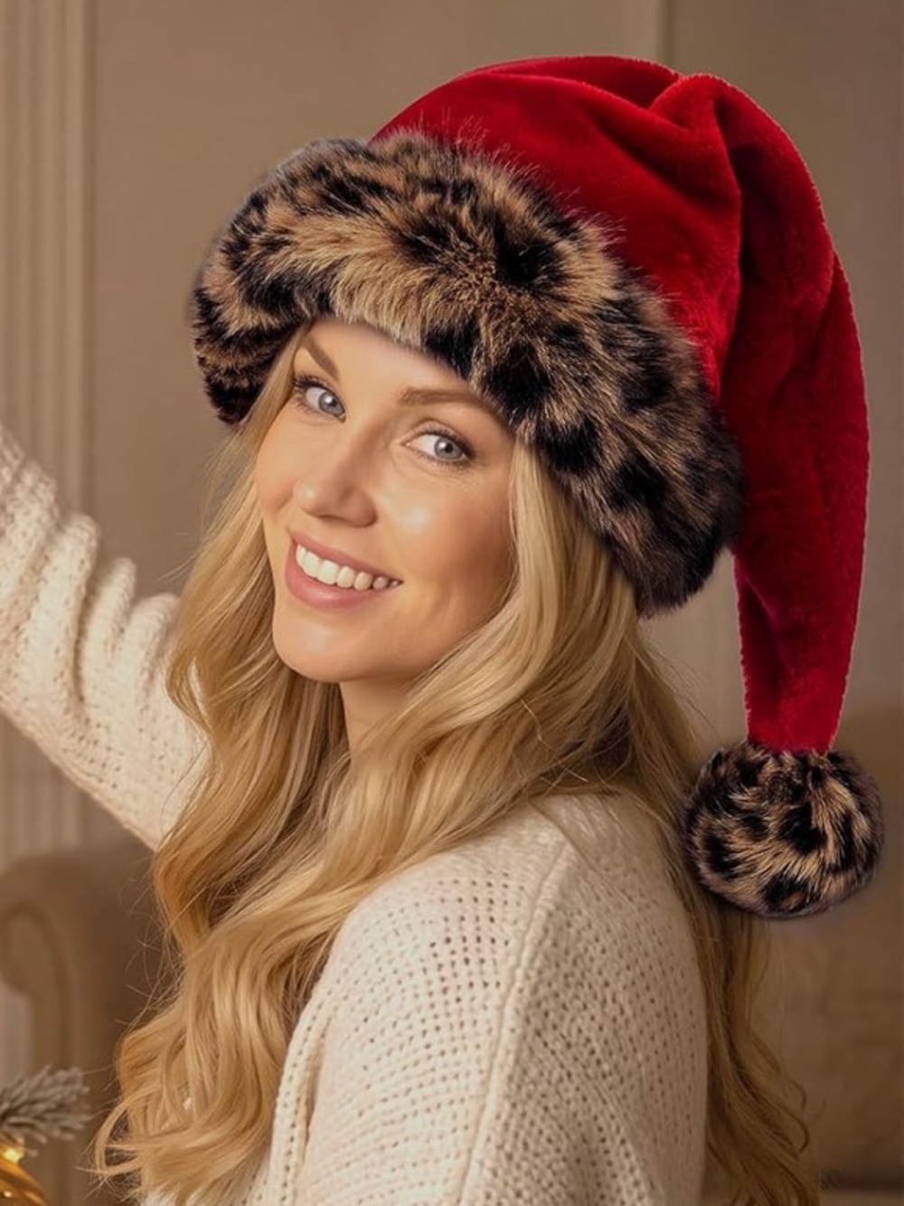 Leopard Santa Hat with Fluffy Pompom 
Thicken Velvet Cheetah Print